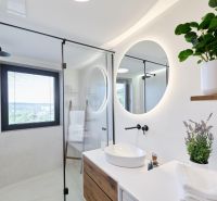 A bathroom in a 4-room apartment with an illuminated round mirror and plants.