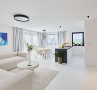 A bright living space in a 4-room apartment with a sofa, carpet, and kitchen island.