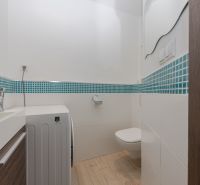 A bathroom in a 3-room apartment with a toilet, washing machine, and mosaic tiles.