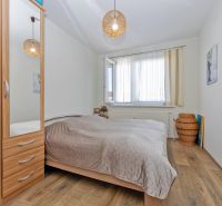 Bedroom in a 3-room apartment with wood-patterned flooring, a bed, and a wardrobe.