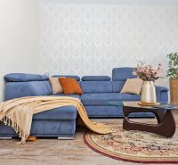 Living room in a 3-room apartment with a blue sofa, carpet, and floor with a wooden decor.