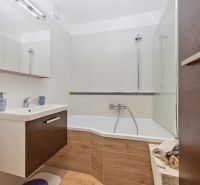 A bathroom in a 3-room apartment with a bathtub and a sink with dark cabinets.