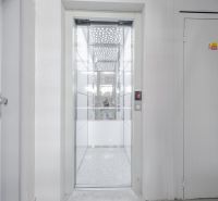 A hallway with a glass elevator and stylish lights in a 3-room apartment.