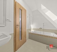 Bathroom in a 4-room apartment with light fixtures, a bathtub, and wooden doors.