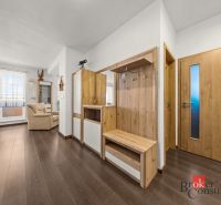 Hallway and living room with a sofa, wardrobe, and wooden decor flooring in a 4-room apartment.