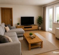 Living room in a 3-room apartment with a corner sofa and a wooden decor floor.