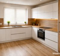 A kitchen in a 3-room apartment with a wooden decor floor and white cabinets.