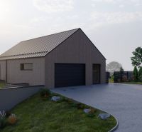 A family house in Staškov with a lawn, parking, and trees in a spacious garden.