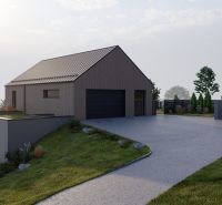 A family house in Staškov with modern architecture, a sloping plot, and a garage.