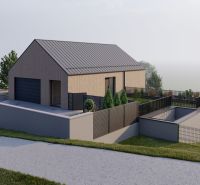 A family house in Staškov with a wooden facade decor and a garage, surrounded by greenery and a fence.