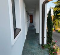 Hallway of a family house in Bratislava - Dúbravka with tiles and garden plants.
