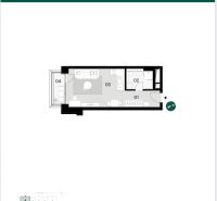Floor plan of a 2-room apartment with a balcony, living room with kitchen.