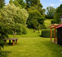 A garden near the cottage in Beňadiková with a grassy area and trees.