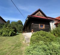 A wooden cottage in Beňadiková surrounded by greenery and shrubs on a sunny plot.