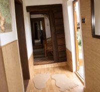 A hallway with a wooden decor floor and decorative foot-shaped rugs in a cabin.