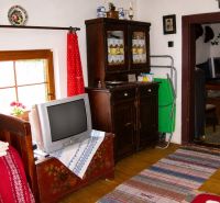 Interior of a cabin with a television, traditional furniture, and a floor with wooden decor.