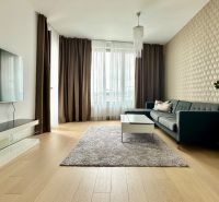 Living room in a 2-room apartment with a television, sofa, wooden decor flooring, and a plant.