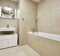 Bathroom in a 2-room apartment with a bathtub, sink, mirror, and ladder radiator.