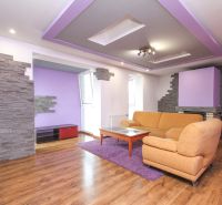 Living room with purple ceilings, a sofa, and a wooden decor floor in a family house.