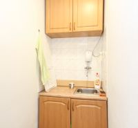 A small kitchen with wooden cabinets and a sink in a family house.
