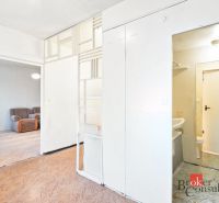 White interior of a 2-room apartment with wood-patterned flooring and a sofa in the background.