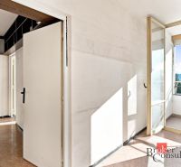 Hallway in a 2-room apartment with access to the balcony, with a wooden decor floor.