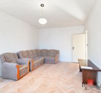 A living room in a two-room apartment with a wooden decor floor and a sofa.