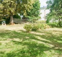 The garden of a family house in Rožňava, a grassy area with a volleyball net and trees.