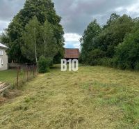 A grassy plot with a cottage in Dubové surrounded by trees and a fence under a cloudy sky.