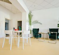 Offices with white chairs, green armchairs, and plants on a light floor.