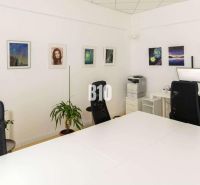 Offices with simple furniture, art on the walls, and plants.