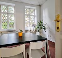Simple office spaces with white chairs and plants on the table.