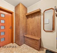 Entrance hall in a family house with wooden decor, mirror, and tiles.