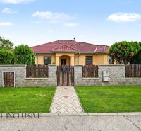 A family house on Kvetná Street in Veľké Dvorníky with a landscaped garden and a stone fence.