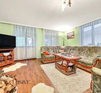 Living room in a family house with a sofa, television, and wooden decor flooring.