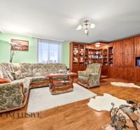 Living room in a family house with a wooden decor floor and a comfortable sofa.