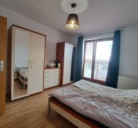 Bedroom in a 2-room apartment with wood-patterned flooring, a wardrobe, and a large window.