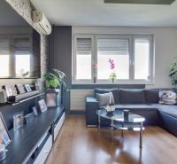 Living room in a 3-room apartment with a wooden decor floor, a sofa, and a large television.