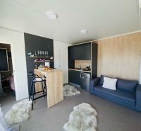 Recreational apartment with a kitchenette, dining table, and sofa, floor with wooden decor.
