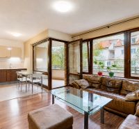 Living room of a three-room apartment with a sofa, wooden decor flooring, and a glass table.