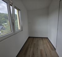A room in a cottage with light walls and a wooden decor floor.