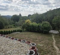 The garden at the cottage on Tulská Street in Banská Bystrica, surrounded by trees and flowers.