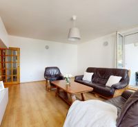 Living room in a 3-room apartment with a wooden decor floor and a leather sofa.