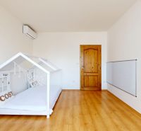 Children's room with a house-shaped bed, wooden doors, wooden decor flooring.