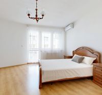 Bedroom with a bed, light fixture, and wood-patterned flooring in a 3-room apartment.