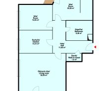 Floor plan of a 3-room apartment with balconies, a walk-in closet, and a bathroom.