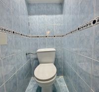 A bathroom with blue tiles in a 3-room apartment with storage space.