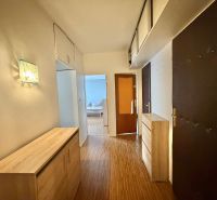 A hallway with storage space and a wooden decor floor in a 3-room apartment.