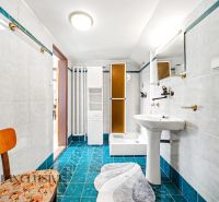 A bathroom in a family house with blue tiles, a shower, and a stylish mirror.