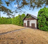 The courtyard of a family house in Lipov with a wooden structure, surrounded by a dense hedge.